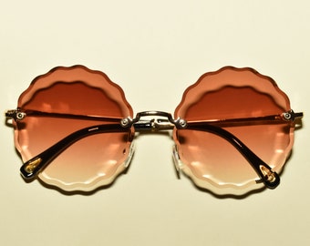 1960s Vintage Style DAISY Rimless Round Scalloped Flower Shaped Translucent Sunglasses