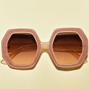 1970s Vintage Style Oversized Glitter Elton Hexagon Square Sunglasses Multiple Colors Peach