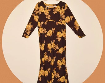 1970s Brown Floral Empire Waist Maxi Dress