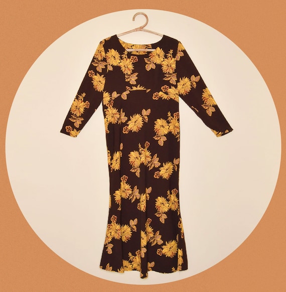 1970s Brown Floral Empire Waist Maxi Dress