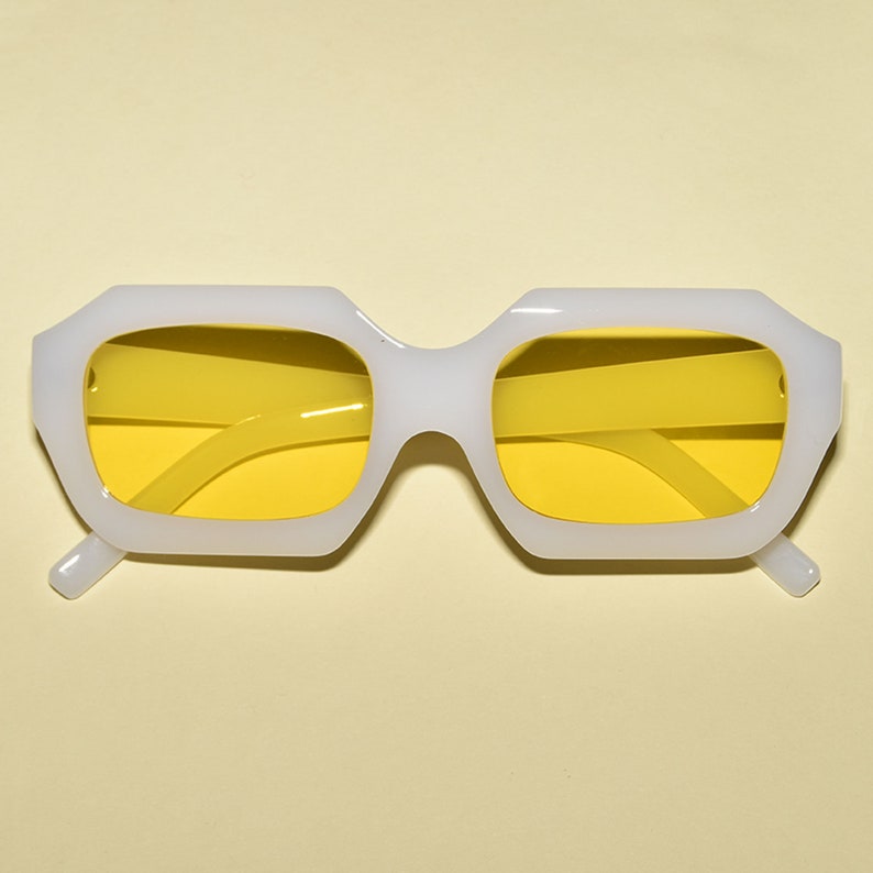 Retro Vintage Style Mod Rectangular Angled Square Sunglasses White/Yellow