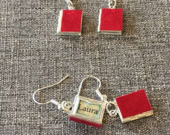 Secret Diary earrings w/ Red Mini Diary Lockets & the word Laura typed inside, influenced by Twin Peaks