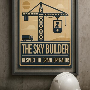 Może przedstawiać: Oprawiony plakat o tematyce budowlanej. Plakat przedstawia dźwig, ciężarówkę oraz tekst "THE SKY BUILDER RESPECT THE CRANE OPERATOR" w kolorze granatowym i beżowym. Biały kask spoczywa przed plakatem.