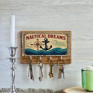 Nautical Key Holder – Wall Mounted Wooden Key Rack with Anchor Design, 4 Metal Hooks, Coastal Beach House Decor, Ocean Theme Gift