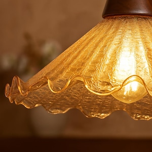 Vintage Walnut & Brass Pendant Light: Textured Glass Shade, Bedroom Lighting