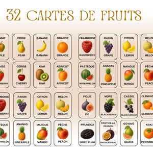 Carte jeu éducative apprentissage fruits, jeux enfants Français Anglais