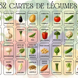 Tarjetas educativas para niños de 1 a 5 años en francés e inglés: memoria, frutas, verduras, colores, herramientas, vehículos.