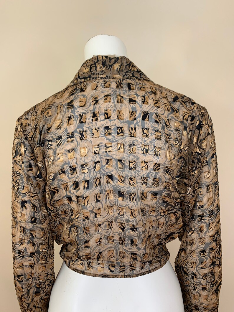 S, M Vintage Sheer Metallic Collared Cropped Blouse