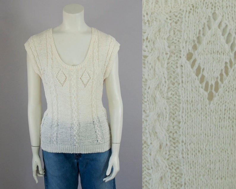 M 80s Vintage Cream Light Weight Cable Knit Sweater Blouse