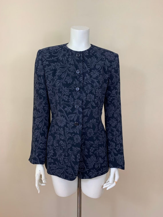 Vintage Black Silk Floral Print Collarless Blazer