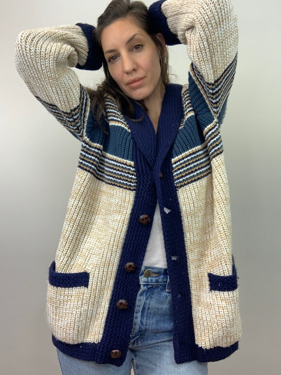 Vintage Shawl Collar Striped Cardigan Unisex (S, M