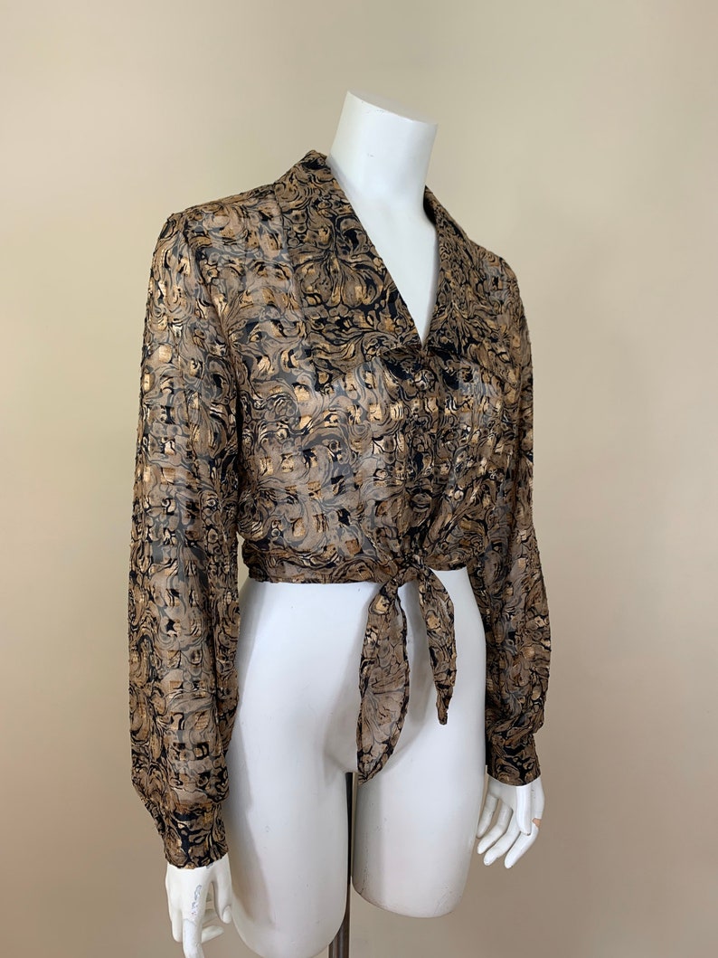 S, M Vintage Sheer Metallic Collared Cropped Blouse