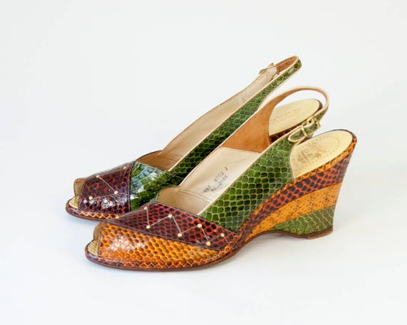 Vintage Snakeskin Leather Peep Toe Wedge Slingback