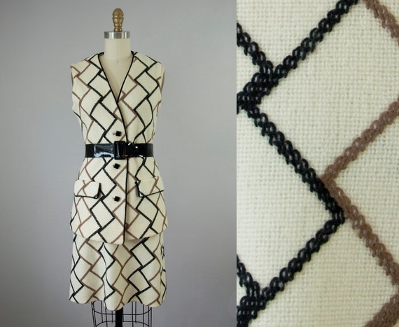 1960s Vintage Wool Knit Mod Vest and Skirt Set. 60