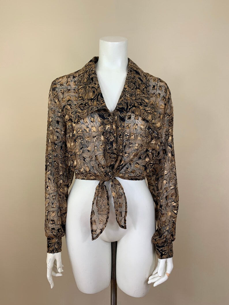 S, M Vintage Sheer Metallic Collared Cropped Blouse