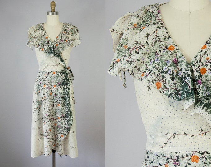 70s Floral Print Dress, Flared Skirt Midi Dress XS main image 1