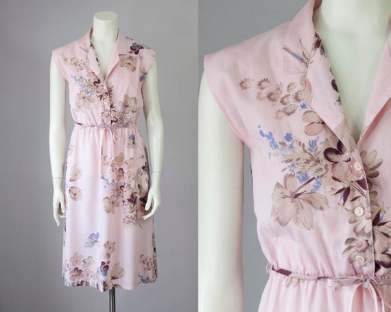 70s Vintage Pink Floral Print Cotton Midi Dress (X