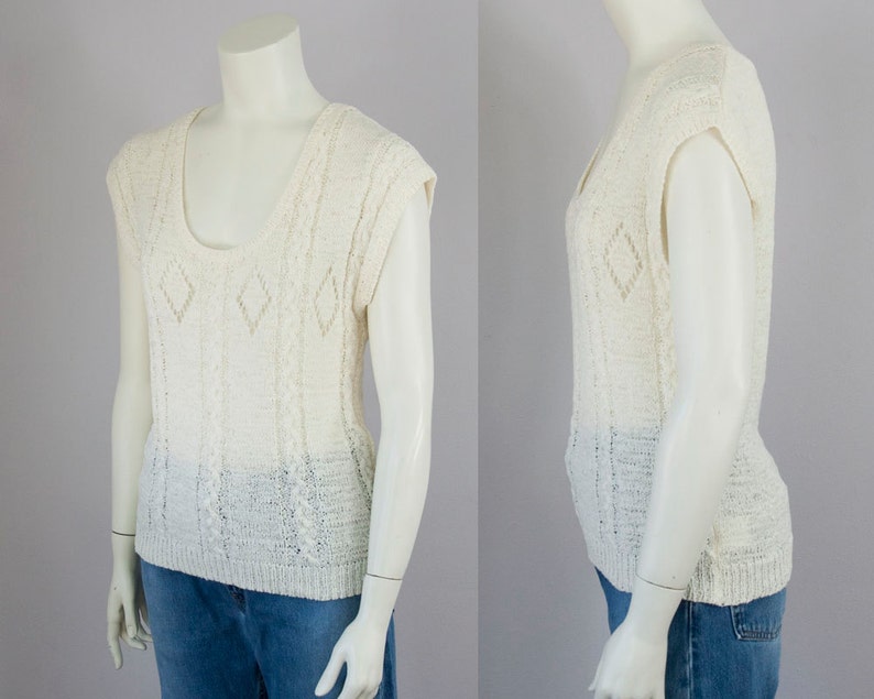M 80s Vintage Cream Light Weight Cable Knit Sweater Blouse