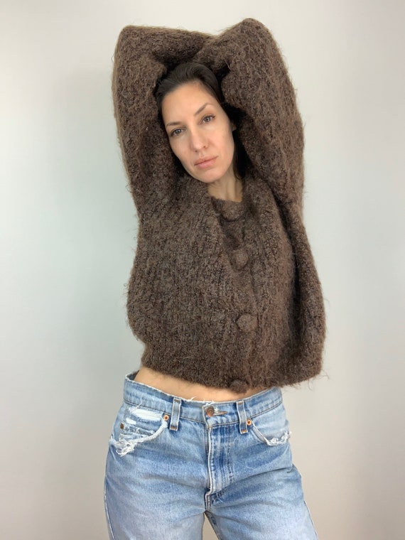 Vintage Brown Mohair Boucle Cropped Cardigan (M, L