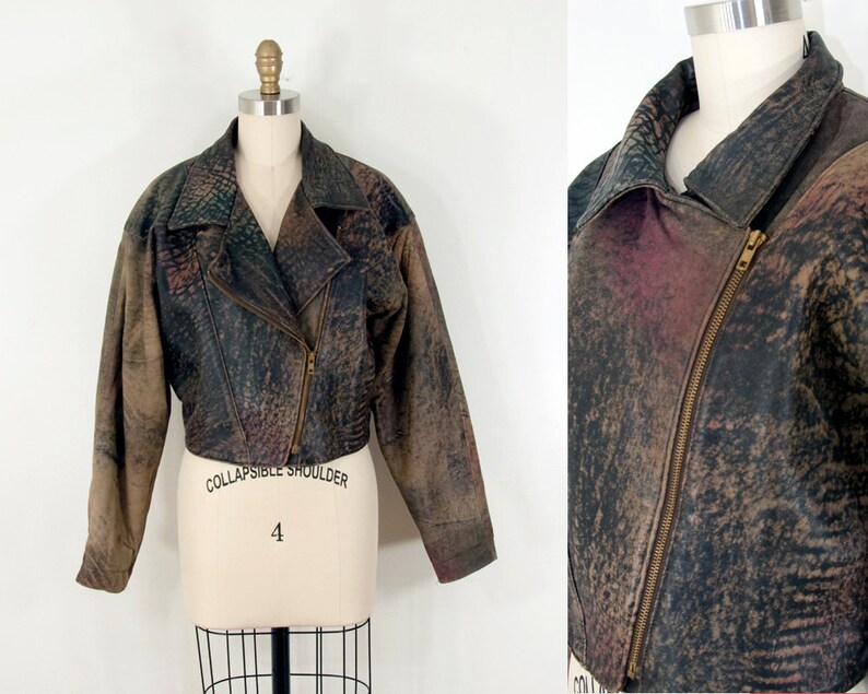 80s Vintage Tye Dye Leather Moto Jacket L