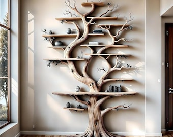 Grand Solid Wood Tree Bookshelf – Sculptural Wall Art Shelf
