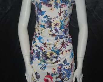 Rayon Stretch Jersey Knit Fabric Beautiful off White  teal Floral by the yard