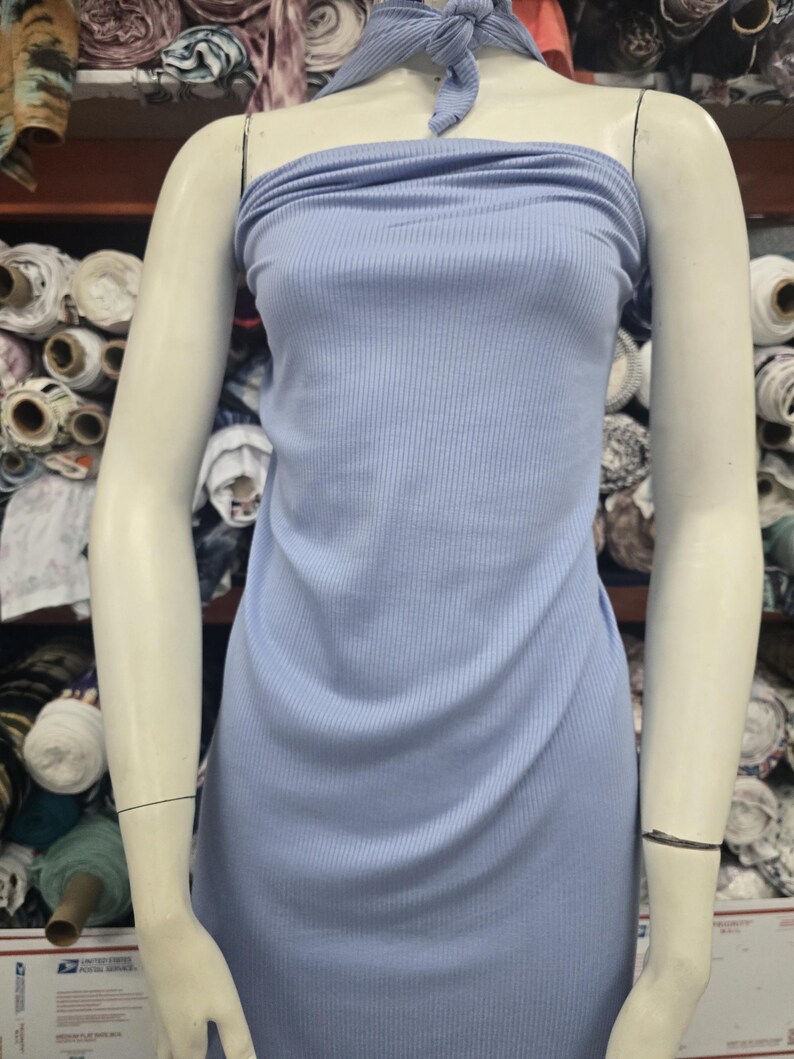 Puede incluir: Un vestido tubo sin tirantes de color azul claro, acanalado, que cuenta con una cinta de cuello de tela a juego que se asegura alrededor del cuello. La prenda se muestra en un maniqu&iacute;, destacando la textura vertical de la tela.