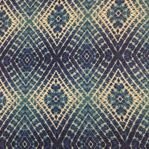 May include: Blue and white fabric with a diamond pattern. The fabric has a tie-dye effect and is made of a soft, comfortable material.