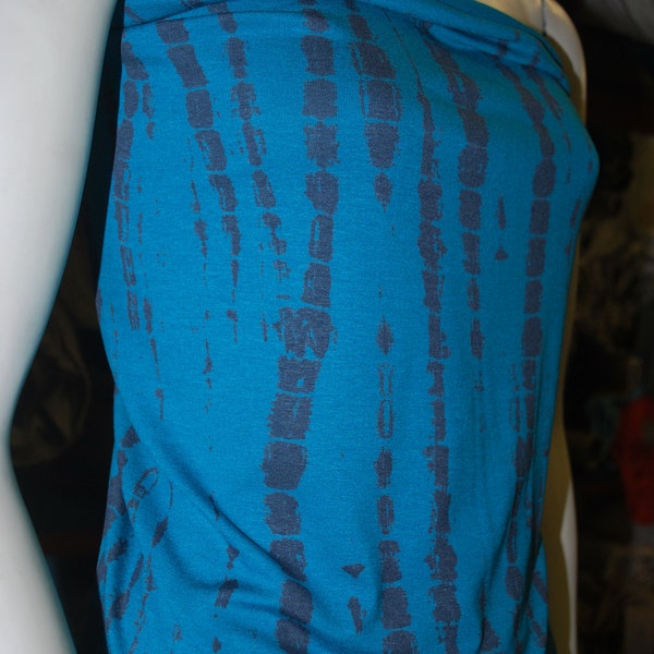 Tie-Dye Rayon Spandex Print Jersey Knit Fabric Beautiful Vertical Teal Turq Gray  combo Croc style by the yard dress weight.