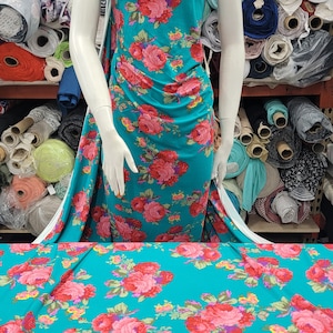 Rayon Spandex Knit Jersey Fabric Beautiful  Print by the yard jade turquoise red flowers