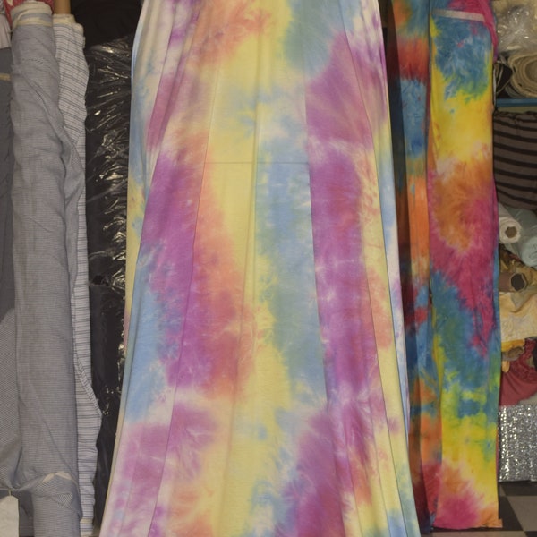 Tie-Dye Rayon Spandex Jersey Knit Fabric Beautiful multicolor Blush yellow blue purple combo  Stretch Rayon Tie-dye dress weight by the yard