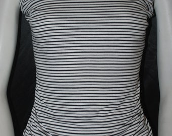 Rayon Spandex Jersey Knit Fabric Yarn Dye Stripes black and white small multi stripes  8.5oz by the yard