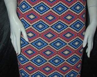 Rayon Stretch Jersey Knit Fabric Beautiful Tribal Print cherry red blue combo rayon spandex 9 oz by the yard