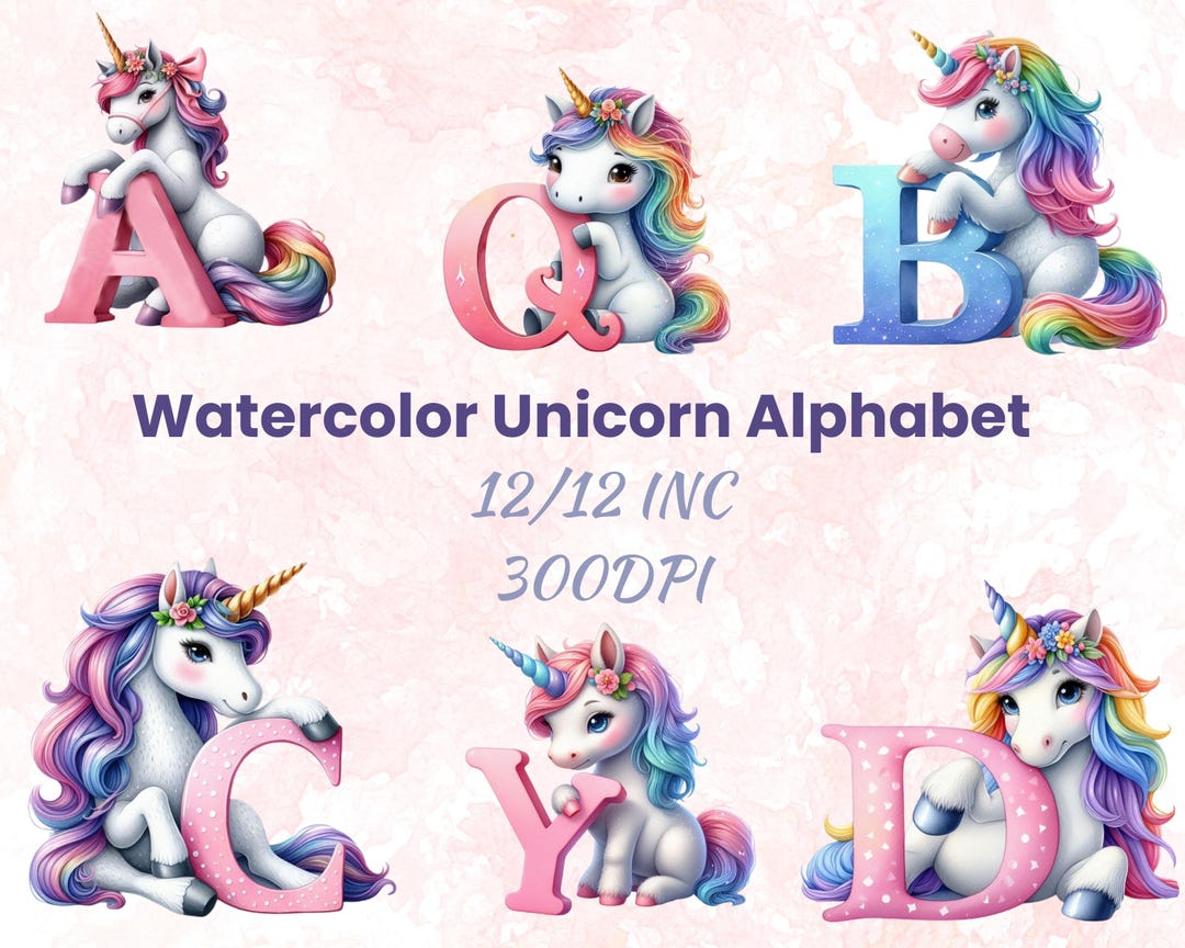 Watercolor Unicorn Alphabet Clipart Set | Magical Letters A-Z Graphics ...