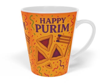 Taza de café con leche Hamantaschen naranja Happy Purim / Taza de café de cerámica Purim de 12 oz