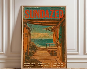 Może przedstawiać: Oprawiony plakat w stylu vintage ze słowem "SUNDAZED" w kolorze czerwonym. Obraz przedstawia scenę na plaży z deskami surfingowymi, drewnianą kładką i tekstem "explore outside the lines". Dodatkowy tekst zawiera "INFO ON YOUR LOCAL BREAKS" i "OFFSHORE TOP PICKS & MORE."