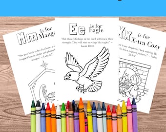 Op geloof gebaseerd kleurboek voor kinderen | AZ Activiteitspagina's Bijbelteksten | Christelijke afdrukbare kleurwerkbladen