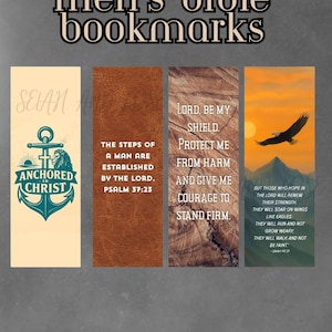 May include: Four rectangular bible bookmarks with inspirational quotes and imagery. One bookmark features an anchor and the words "Anchored in Christ." Another has the text "The steps of a man are established by the Lord." The third says "Lord, be my shield." The last shows an eagle.