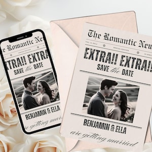 Newspaper Save the Date Template, Editable Canva Invitation, Vintage Wedding Announcement, Unique Engagement Invite