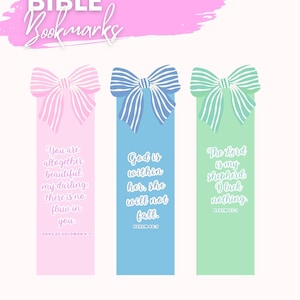 May include: Three colorful Bible bookmarks with bow accents. The bookmarks are pink, blue, and green, each with a different Bible verse. The top of the image reads "BIBLE Bookmarks" in a script font.