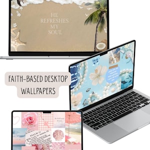 May include: Three silver laptops displaying faith-based desktop wallpapers. One shows a beach scene with text "HE REFRESHES MY SOUL." Another features a blue background with pearls and flowers. The third displays a pink collage with text "Walk by Faith."