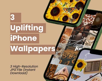 Puede incluir: Tres fondos de pantalla para iPhone con diseños inspiradores. Uno presenta girasoles y mariposas, otro tiene un collage de imágenes, y el tercero incluye un girasol y la palabra "Blessed". El texto "Created to Shine" es visible.