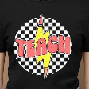 Retro Neon Teacher PNG: Groovy Checkered Sublimation (Digital Download)