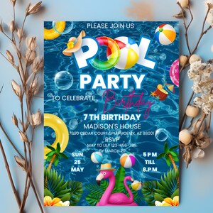Modèle modifiable d'invitation d'anniversaire pour la piscine pour filles, piscine, fête d'anniversaire, invitation d'anniversaire pour filles adolescentes, téléchargement numérique