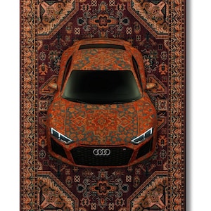 May include: An Audi R8 sports car with a patterned design in shades of orange, blue, and green, resembling a Persian rug. The car is parked on a matching rug with a detailed, ornate design.