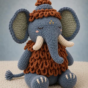 May include: A crocheted stuffed animal resembling a woolly mammoth with blue yarn skin, a brown shaggy coat, and large ears with light green centers. It features cream-colored tusks, closed eyes, pink cheeks, and a small tail with a tufted end.