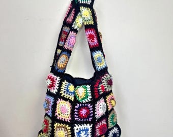 クロシェ編みのおばあちゃんスクエアショルダートートバッグ（ブラック）ハンドメイドボヘミアン