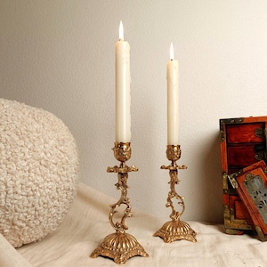 Vintage Rococo Brass Candlesticks: Ornate Floral Baroque Decor, Marked F.P.