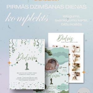 Puede incluir: Un conjunto de tarjetas para el primer cumpleaños de un bebé, con una paleta de colores pastel. El diseño incluye una invitación, una tarjeta de logros y un collage de fotos. Las tarjetas presentan el texto "Didzis" y "1", con una foto de un bebé.