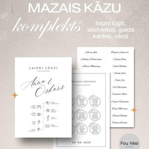 Peut inclure: Ensemble de papeterie de mariage minimaliste. L'ensemble comprend une invitation de mariage, un plan de table et des cartes de table. L'invitation présente les noms "Anna & Oskars" en écriture élégante. La palette de couleurs est principalement blanche et beige.